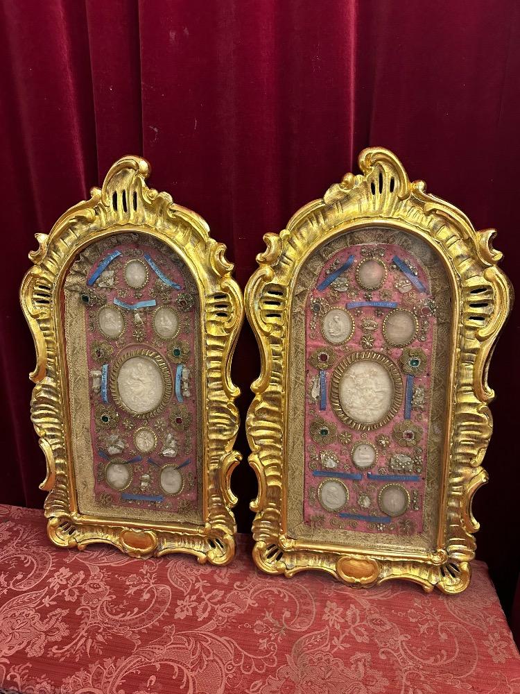 Pair Baroque - Style Exceptional Multi - Reliquaries. Relics : St. Lucia. St. Victor. St. Severinae. St. Fulgentia. St. Bonifacius. St. Vestina & More.