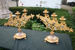 Candle Sticks Gilt en Brass / Bronze / Emaille, France 19