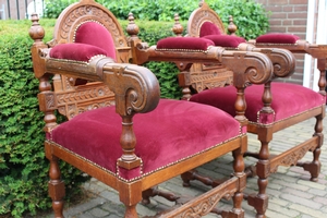 Chairs. Completely & Professionally Refit According To The Traditional Methods And With Original Materials. en wood oak / Red Velvet., Belgium 19th century