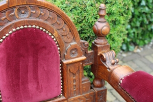 Chairs. Completely & Professionally Refit According To The Traditional Methods And With Original Materials. en wood oak / Red Velvet., Belgium 19th century