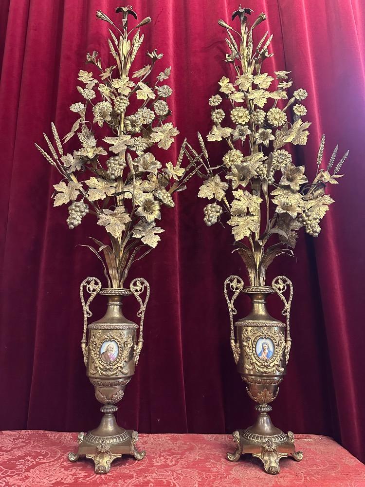 Pair Classicistic Exceptional Floral Altar Pieces 140 Cm High ! Very High Quality Enamel Representations Of St. Mary & St. Joseph
