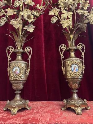 Pair Classicistic Exceptional Floral Altar Pieces 140 Cm High ! Very High Quality Enamel Representations Of St. Mary & St. Joseph