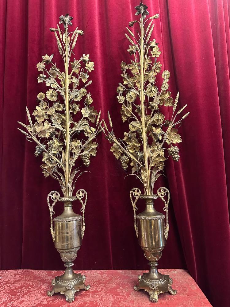 Pair Classicistic Exceptional Floral Altar Pieces 140 Cm High ! Very High Quality Enamel Representations Of St. Mary & St. Joseph