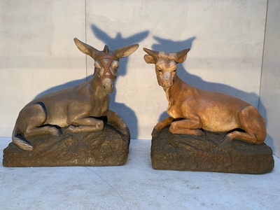 Exceptional Large Figures Of Ox And Donkey  en plaster polychrome, Belgium 19th century