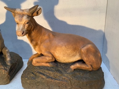 Exceptional Large Figures Of Ox And Donkey  en plaster polychrome, Belgium 19th century