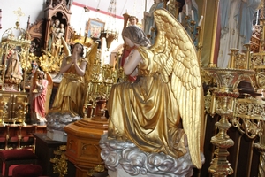Kneeling Angels style Extreme Rare High Quality en wood - Pap Cartonniere / Polychrome / Rolled Gold / Gilt, France 19th century