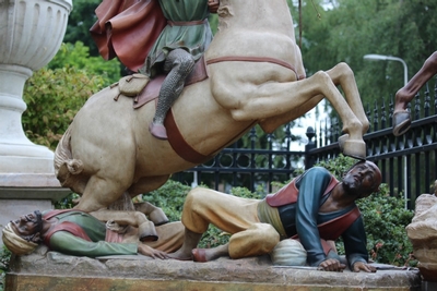 Extreme Unique Imaginations Of St. James The Moor-Slayer / Santiago Matamoros & St. Martinus en wood - pap / polychrome / terra - cotta polychrome, Spain / France 19th century / Anno