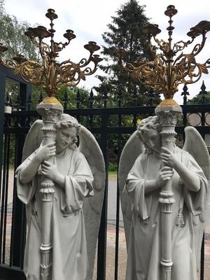 Angels Measures Total Height With Chandeliers style Gothic - style en Terra-Cotta polychrome / Bronze Gilt, France 19th century ( anno 1875 )