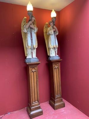 Angels With Standing Pedestals Height Angels 122 Cm. Height Pedestals 120 Cm. Also For Sale Seperate. style Gothic - style en Plaster Polychrome / Oak Wood, Belgium / France 19th century