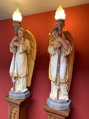 Angels With Standing Pedestals Height Angels 122 Cm. Height Pedestals 120 Cm. Also For Sale Seperate. style Gothic - style en Plaster Polychrome / Oak Wood, Belgium / France 19th century