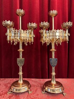 Candle Holders style Gothic - Style en Brass / Bronze / Polished and Varnished, Belgium  19 th century ( Anno 1885 )