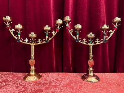 Candle Holders style Gothic - Style en Brass / Bronze / Glass, Belgium  19 th century ( Anno 1890 )