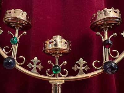 Candle Holders style Gothic - Style en Brass / Bronze / Glass, Belgium  19 th century ( Anno 1890 )