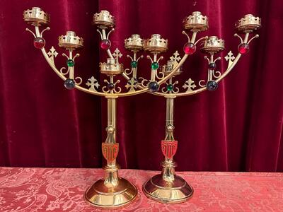 Candle Holders style Gothic - Style en Brass / Bronze / Glass, Belgium  19 th century ( Anno 1890 )