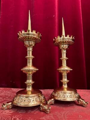 Candle Holders Measures Without Pin style Gothic - Style en Full Bronze Polished and Varnished, Belgium 19 th century ( Anno 1875 )