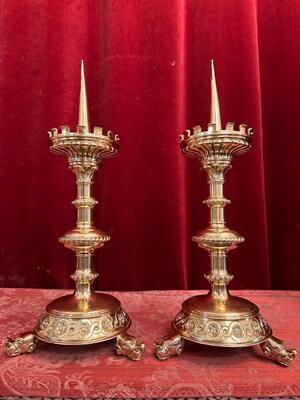 Candle Holders Measures Without Pin style Gothic - Style en Full Bronze Polished and Varnished, Belgium 19 th century ( Anno 1875 )