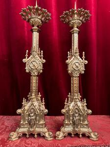 Pair of 24'' Tall Vintage Brass Church Candle Stick Holders With Cross