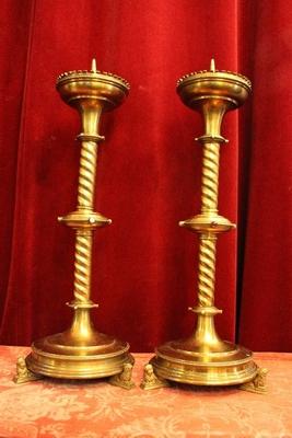 Candle Sticks style Gothic - style en Brass / Bronze / Stones , Dutch 19th century