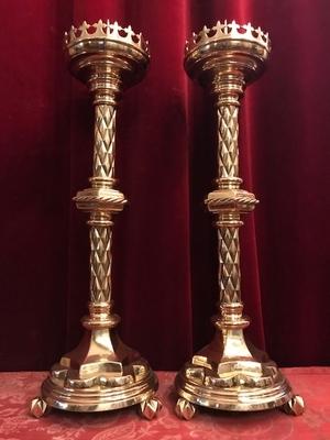 Candle Sticks style Gothic - style en Brass / Polished / New Varnished, Belgium 19th century