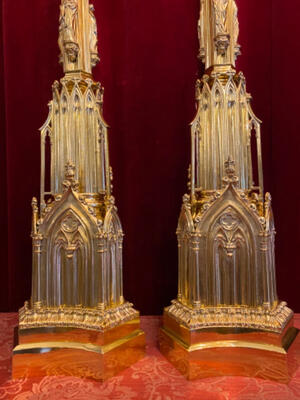 Candle Sticks Measures Without Pin style Gothic - style en Brass / Bronze / Polished and Varnished, France 19 th century ( Anno 1890 )