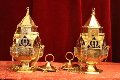 Censers style Gothic - style en Brass / Polished / New Varnished, Belgium 19th century ( anno 1870 )