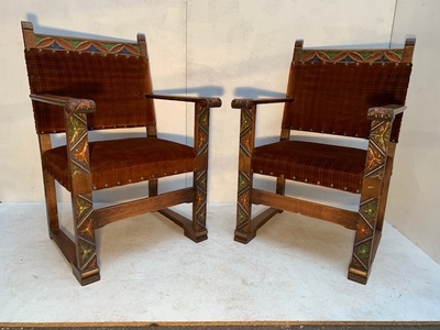 Chairs style Gothic - style en Oak wood / Red Velvet, Belgium 19th century