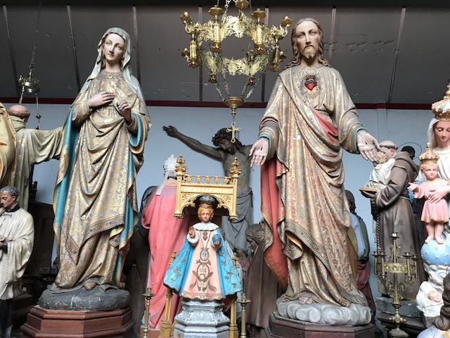 Pair Gothic - style Exceptional Life - Size Pair Of Fully Hand - Carved Matching Statues : Sacred Hearts Of St. Mary & Jesus