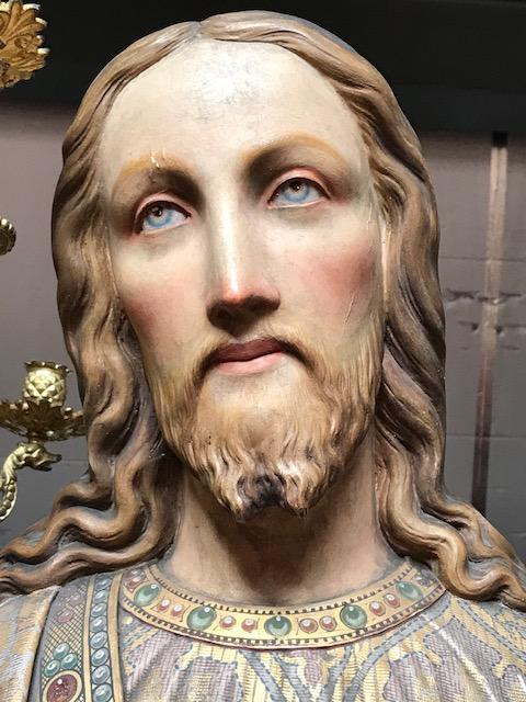 Pair Gothic - style Exceptional Life - Size Pair Of Fully Hand - Carved Matching Statues : Sacred Hearts Of St. Mary & Jesus