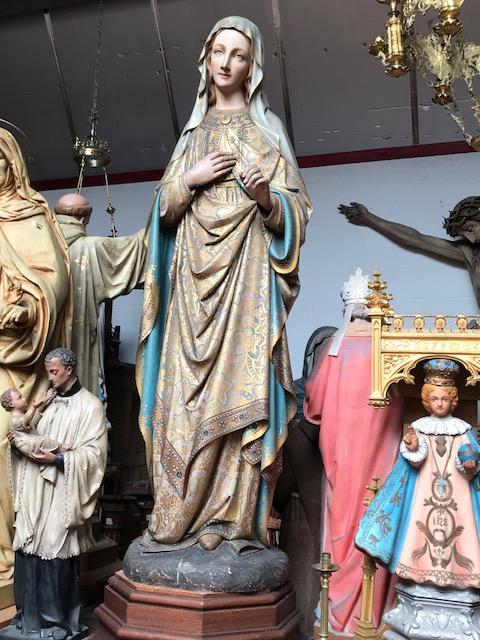 Pair Gothic - style Exceptional Life - Size Pair Of Fully Hand - Carved Matching Statues : Sacred Hearts Of St. Mary & Jesus