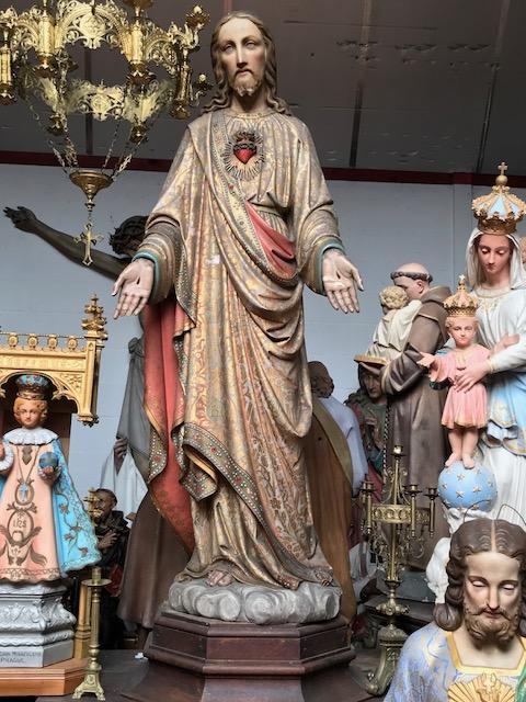 Pair Gothic - style Exceptional Life - Size Pair Of Fully Hand - Carved Matching Statues : Sacred Hearts Of St. Mary & Jesus