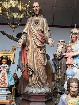 Exceptional Life - Size Pair Of Fully Hand - Carved Matching Statues : Sacred Hearts Of St. Mary & Jesus style Gothic - style en wood - polychrome, Flemish Belgium 19th century ( anno 1865 )