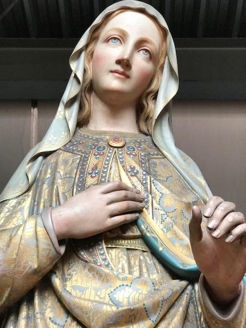 Pair Gothic - style Exceptional Life - Size Pair Of Fully Hand - Carved Matching Statues : Sacred Hearts Of St. Mary & Jesus