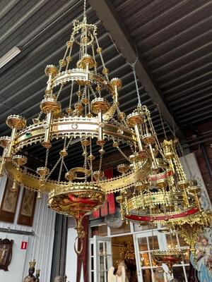 Exceptional Sanctuary Lamps style Gothic - Style en Brass / Bronze / Stones, Belgium  19 th century ( Anno 1885 )