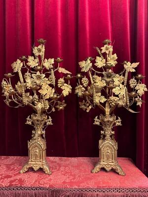 Floral Candle - Holders style Gothic - Style en Brass / Bronze / Gilt, Belgium  19 th century ( Anno 1865 )