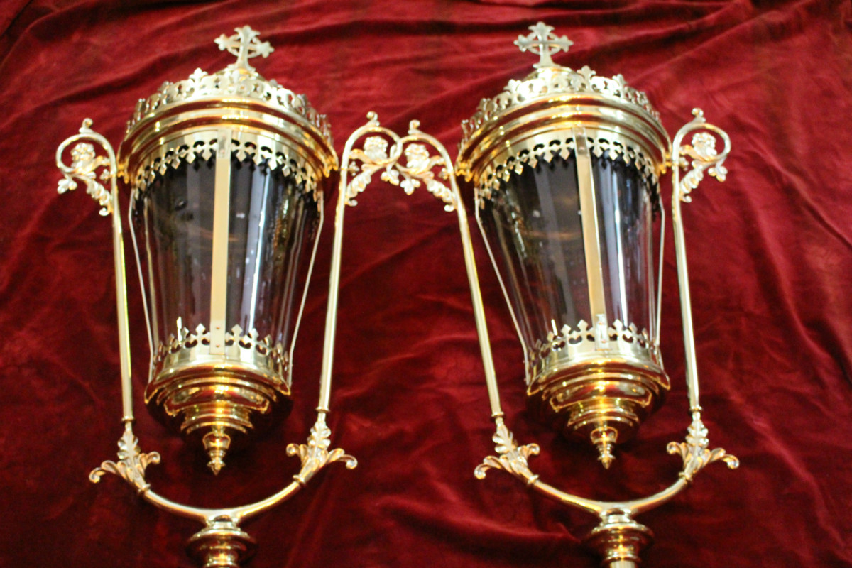 Pair Gothic - style Large Exceptional Baldachin-Lanterns / Original Glass.