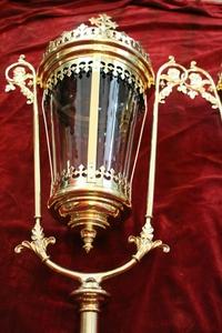 Large Exceptional Baldachin-Lanterns / Original Glass. style Gothic - style en Brass / Bronze / Glass / New Polished and Varnished., Belgium 19th century