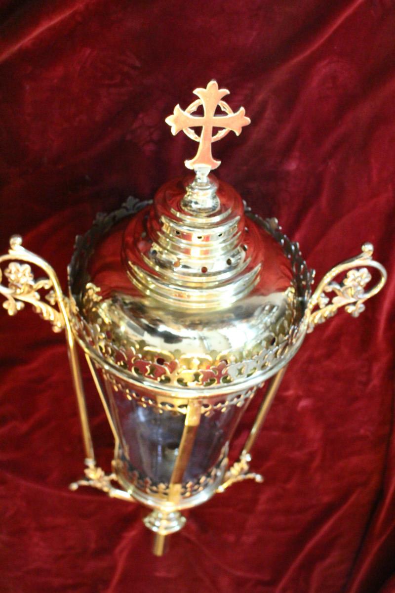 Pair Gothic - style Large Exceptional Baldachin-Lanterns / Original Glass.