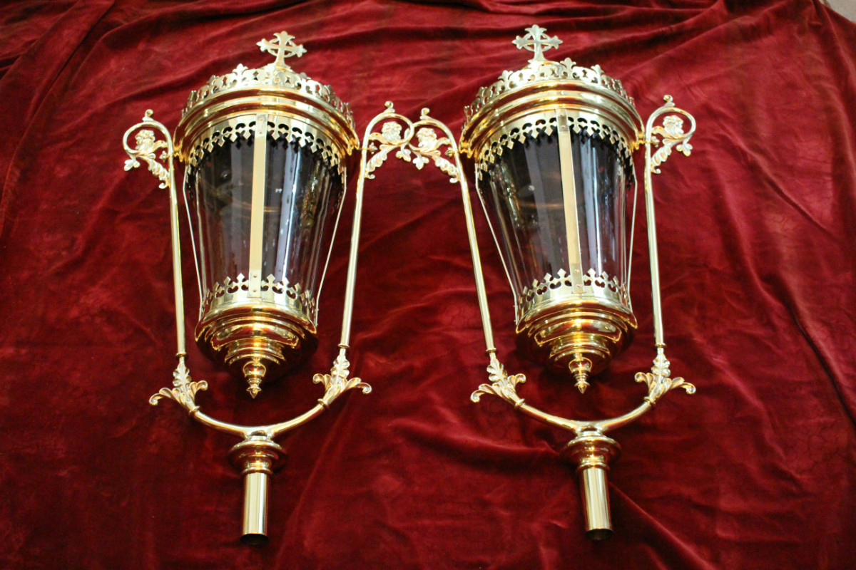Pair Gothic - style Large Exceptional Baldachin-Lanterns / Original Glass.