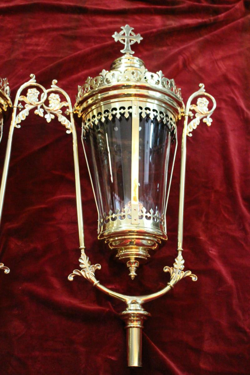 Pair Gothic - style Large Exceptional Baldachin-Lanterns / Original Glass.