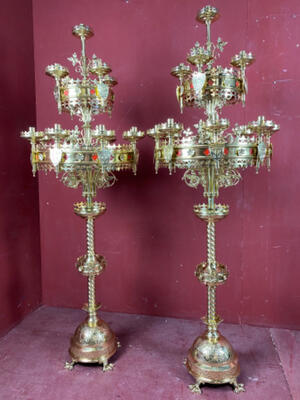 Matching Candelabra  style Gothic - style en Brass / Bronze / Polished and Varnished, Belgium  19 th century ( Anno 1885 )