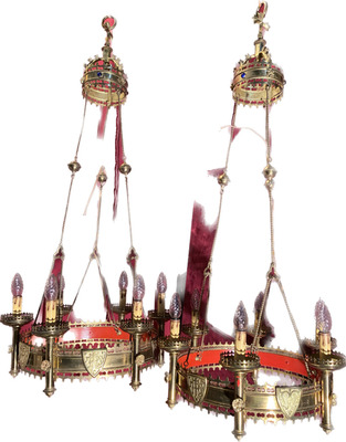 Matching Chandeliers style Gothic - Style en Brass / Bronze / Stones, Belgium 19 th century ( Anno 1890 )