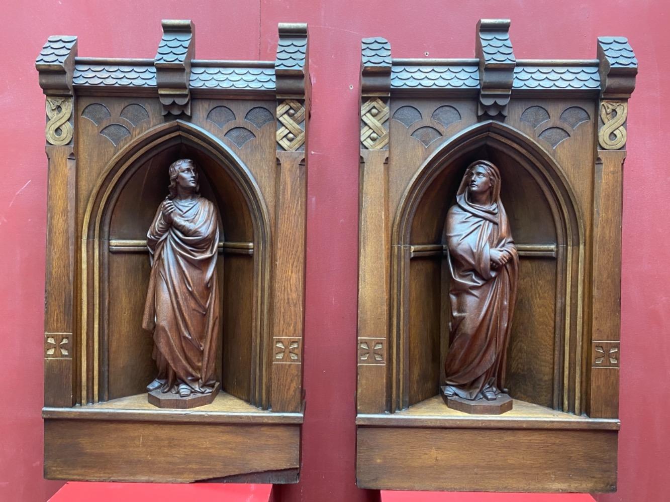 Pair Gothic - style / Romanesque Matching Solid Oak Niches Fully Hand-Carved Sculptures Of St. Mary & St. John