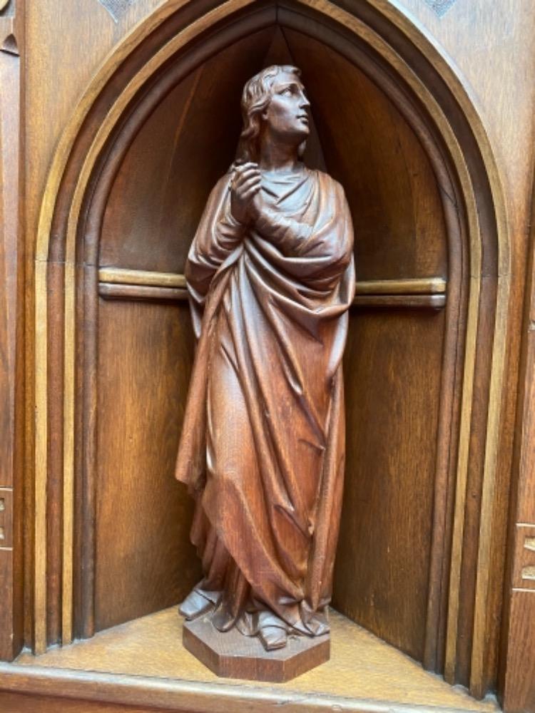 Pair Gothic - style / Romanesque Matching Solid Oak Niches Fully Hand-Carved Sculptures Of St. Mary & St. John