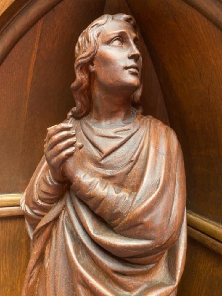 Pair Gothic - style / Romanesque Matching Solid Oak Niches Fully Hand-Carved Sculptures Of St. Mary & St. John