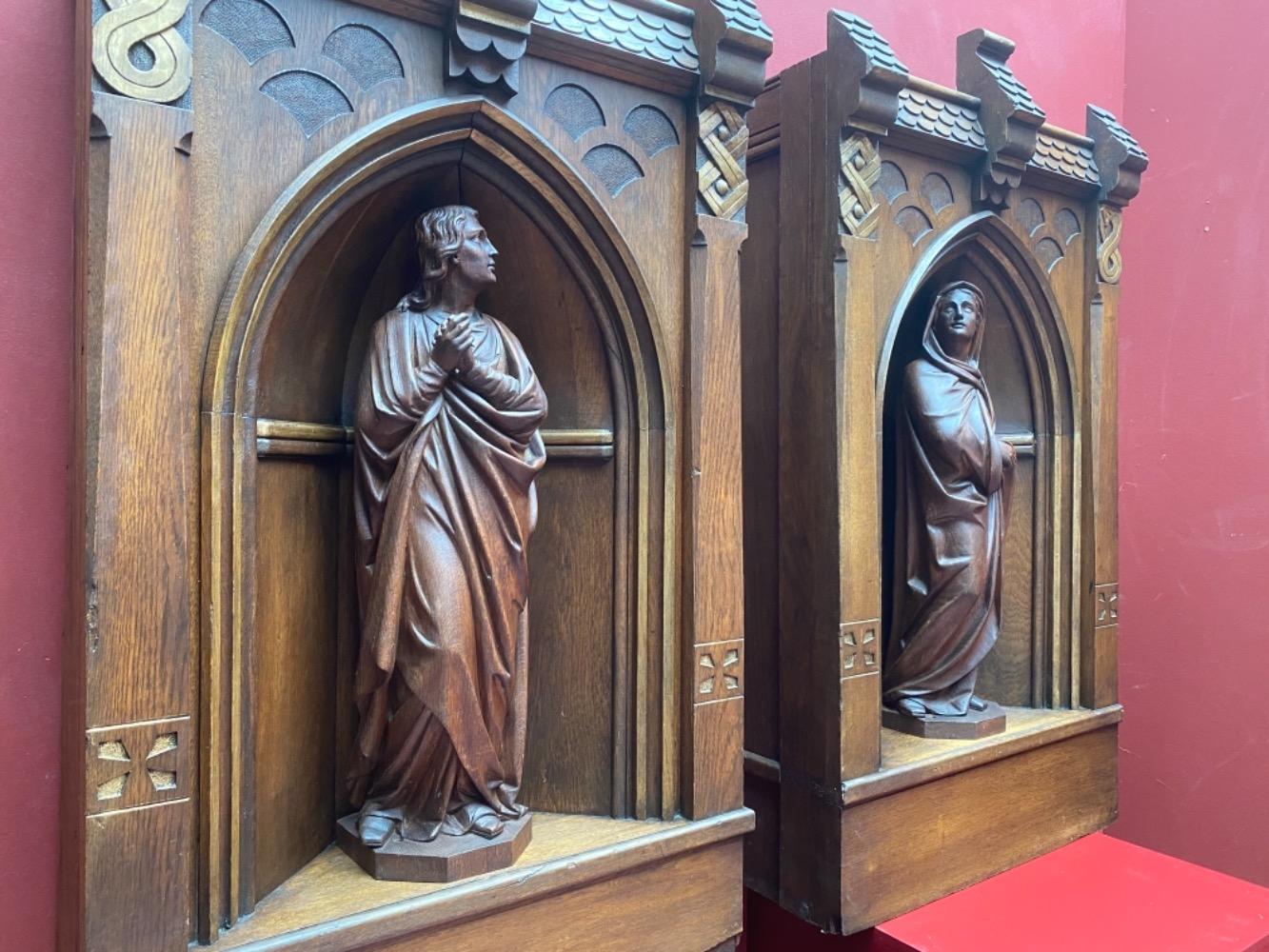 Pair Gothic - style / Romanesque Matching Solid Oak Niches Fully Hand-Carved Sculptures Of St. Mary & St. John