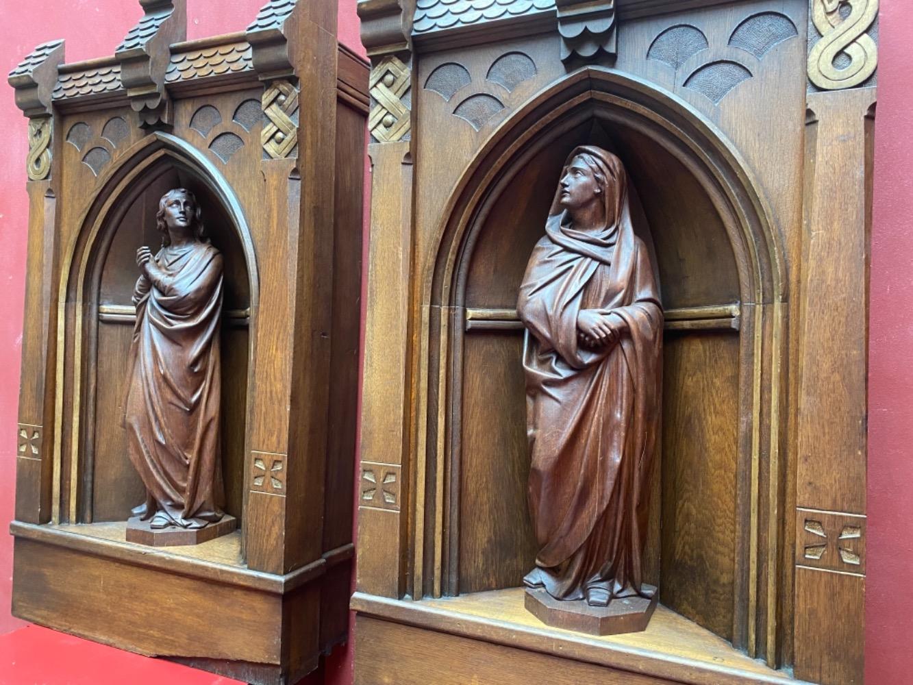 Pair Gothic - style / Romanesque Matching Solid Oak Niches Fully Hand-Carved Sculptures Of St. Mary & St. John