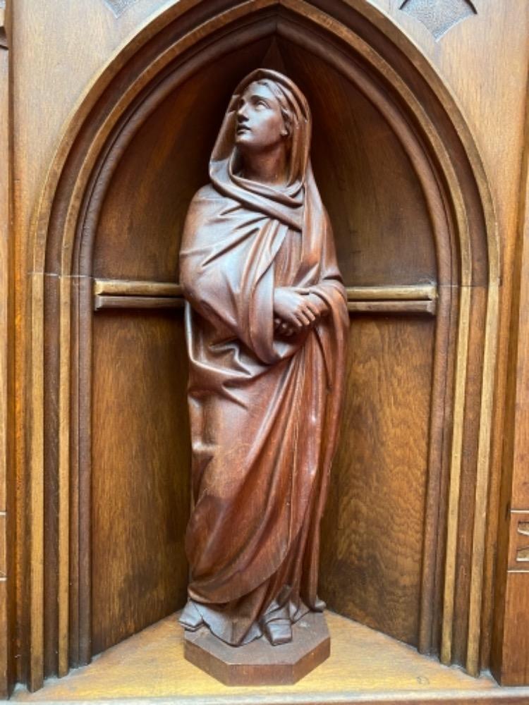 Pair Gothic - style / Romanesque Matching Solid Oak Niches Fully Hand-Carved Sculptures Of St. Mary & St. John