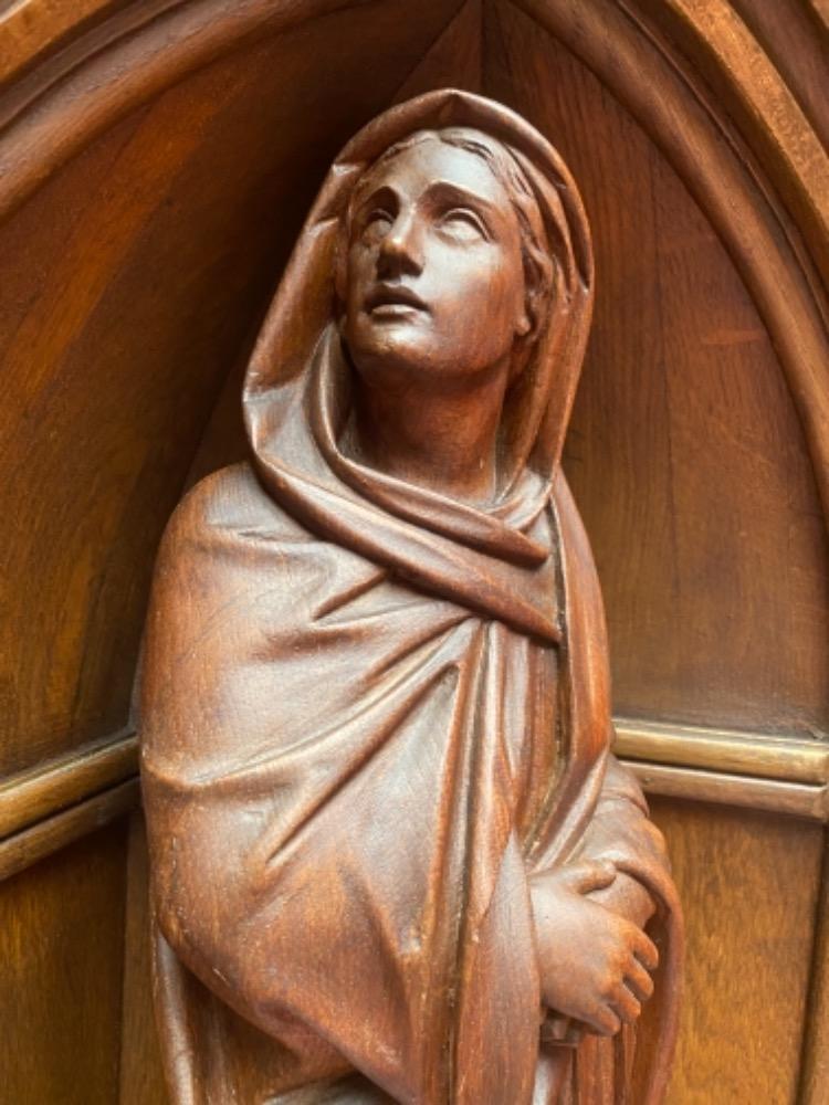 Pair Gothic - style / Romanesque Matching Solid Oak Niches Fully Hand-Carved Sculptures Of St. Mary & St. John