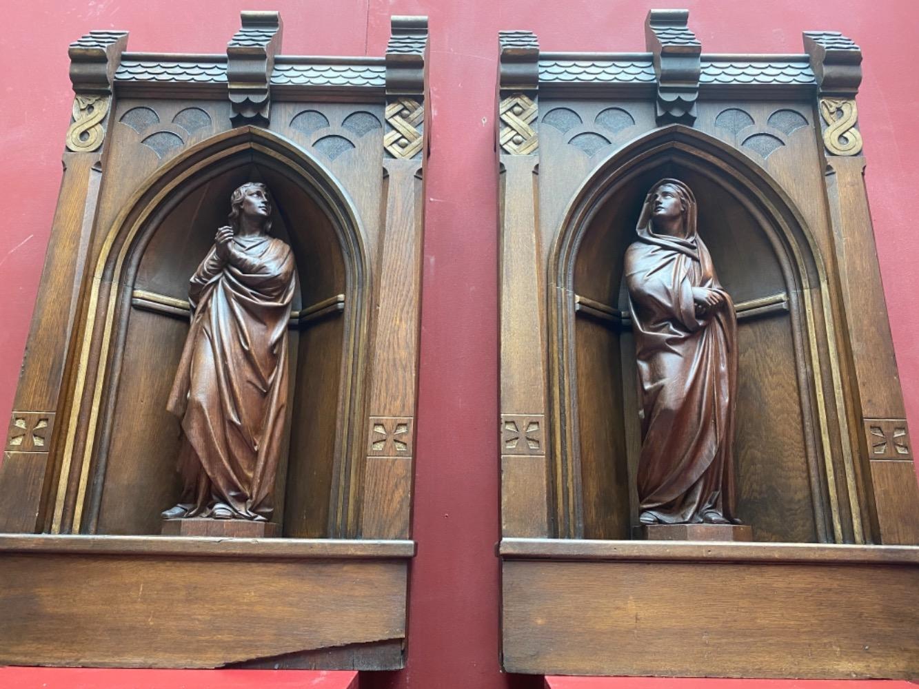Pair Gothic - style / Romanesque Matching Solid Oak Niches Fully Hand-Carved Sculptures Of St. Mary & St. John