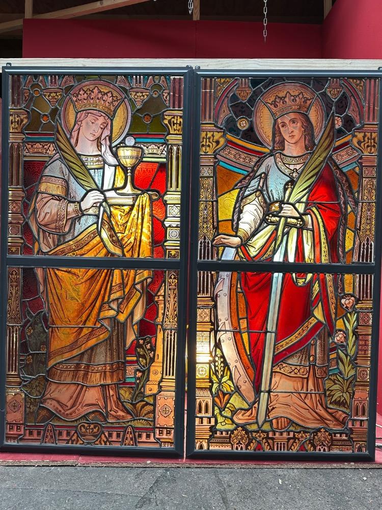 Pair Gothic - Style Stained Glass Windows St. Barbara & St. Catherine Of Antiochia. Architect Molenaar